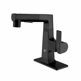 LED Bathroom Faucet with Pull Out Sprayer, Rzoeox Black Temperature Digital Display Bathroom Sink Faucet 2 Spray Modes Brass Body RV Faucet Single Handle 1 or 3 Hose with Deck Plate