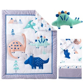 Bertte 4 Piece Crib Bedding Set for Boys Girls, Nursery Bedding Standard Size Soft Baby Bedding Crib Set Including Cartoon Quilt, Crib Skirt, Fitted Crib Sheet and Plush Toy (Grey Dinosaur)