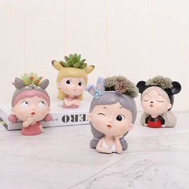 WAYUTO Cute Resin Succulent Planter Pots with Drain Hole Rubber Stopper Girls Mini Head Flower Pot Succulent Plants Cactus Ornaments for Desk Garden Living Room Decor Purple