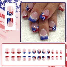 LBPEPAMZ 24Pcs Independent Day Press on Nails Short Square Fake Nails Blue Red Gradient Glitter French Tips False Nails 4th of July American Flag Stick on Nails Patriotic Glue on Nails for Women Decor