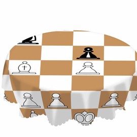 AOYEGO Brown Chessboard Table Cloth King Queen Horse Role Chess Game Round Tablecloth 60 Inch for Dining Room, Party, Banquet