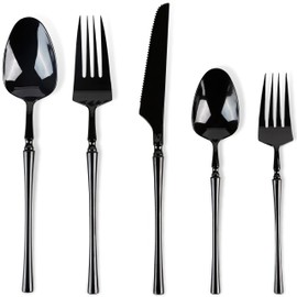 Infinity Flatware Deluxe Black Combo - 40 Count | Premium Disposable Plastic Cutlery Set with 8 Dinner Forks, 8 Salad Forks, 8 Knives, 8 Soup Spoons, and 8 Teaspoons