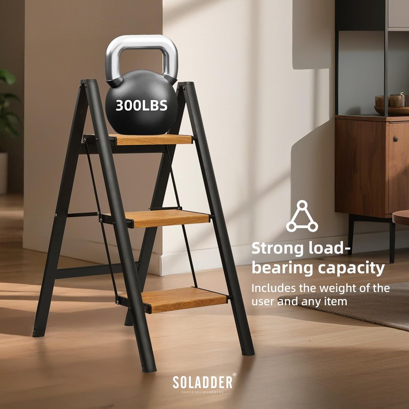 SOLADDER 3 Step Ladder, Anti-Slip and Lightweight Foldable Step Stool