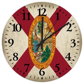 12 Inch Silent Non-Ticking Wall Clocks Battery Operated Florida State Flag Wall Decor for Garage Patriotic USA Map Sports Fans Vintage Round Wooden Wall Clock Rustic for Dining Room New Home