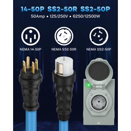 COOLTOP 50 Amp Generator Cord and Power Inlet Box Kit, 25FT Extension Cable STW 6/3+8/1 AWG Generator Cord 125/250V NEMA 14-50P to SS2-50R Pre-Drilled Inlet Box Waterproof Combo Kit, ETL Listed