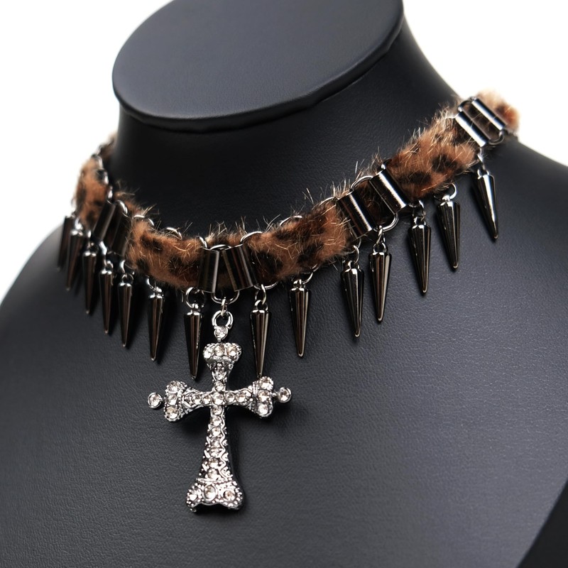 NAMEOF Leopard Y2K Grunge Gothic Choker Women's Studded Cross Necklace