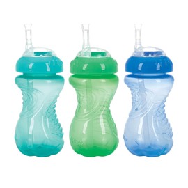 Nuby 3 Pack No Spill Flex Straw Toddler Sippy Cups - Toddler Cups Spill Proof with Easy and Firm Grip - Green, Blue, Aqua