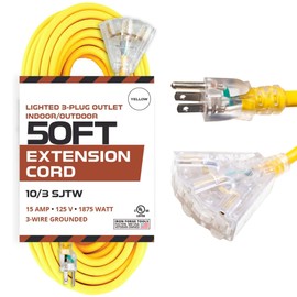 50 Foot Lighted Outdoor Extension Cord with 3 Electrical Power Outlets - 10/3 SJTW Yellow 10 Gauge Extension Cable with 3 Prong Grounded Plug for Safety