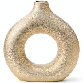 Gold with Texture Donut Vase Hollow Ceramic Vase, Handmade Minimalist Boho ins Style, Modern Vase for Home Decor for Wedding Dinner Table Party Living Room Office Bedroom (Gold, Large)