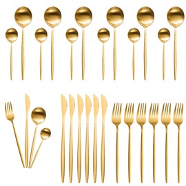 Juego De Cubiertos Para 6 Personas， Cubiertos Acero Inoxidable De 24 Piezas Incluye Cuchillos, Tenedores, Cucharas Espejo Pulido, Juego De Cubierto Para Cocina, Restaurante, Hotel , Apto Para El Lavavajillas (oro)