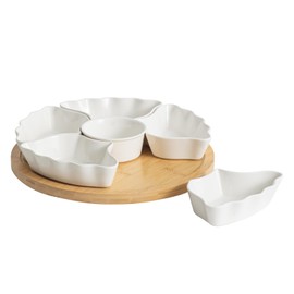 Rotatable Lazy Susan Party Serving Tray, 12 Inch Ceramic Divided Serving Bowls with Silent Rotating Tray, Removable Sectional Dish with Bamboo Platter for Fruit Veggies, Chips, Snacks, Candy, Nuts