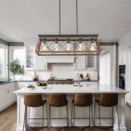 HuixuTe 5-Light Dining Room Chandelier Over Table, Farmhouse Kitchen Island Lighting, Adjustable Height Chandeliers for Kitchen, Dining Room Table Walnut