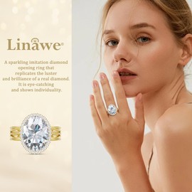 Linawe Chunky Gold Rings for Women, Birthstone Imitation Diamond Fake Crystal Gemstone Adjustable Rings, Faux CZ Statement Vintage Ring, Oval Engagement Cocktail Costume Rings