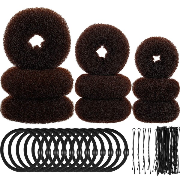 Pack of 9 Donut Hair Bun Maker Shaper Foam Sponge Donut Bun Ring Style Set with 12 Pieces Hair Elastic Bands Ties and 32 Pieces Hair Bobby Pins for Women Girls (Brown)