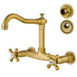 Airuida Wall Mounted 8 Inch Center Kitchen Sink Faucet Commercial Wall Mount Kitchen Tap Double Cross Handles 360 Rotatable Spout for Utility Laundry Restaurant Vintage Spout Antique Brass