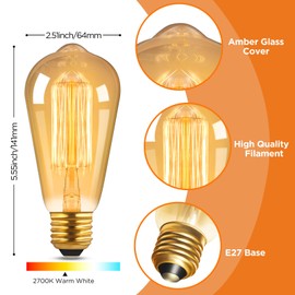 6 Pack Dimmable ST64 Vintage Edison Bulb, E27 Screw Filament Bulb Amber Warm White 2700K, Squirrel Cage Shaped Filament Bulb, Suitable for Bedroom, Cafe, Chandelier, Bookstore, Interior Decoration