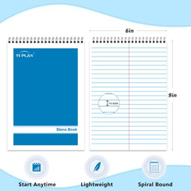 Yeplan Top Spiral Notebook 6x9 6 Pack, Steno Pads Spiral Notebooks with Gregg Ruled White Paper, Notebooks & Writing Pads for School, College, Work, Office, Home, 60 Sheets, 6 Assorted Colors