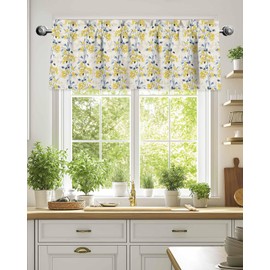 YOKOU Floral Curtain Valance, Blue Leaves Yellow Berries Summer Farm Plant Print Short Rod Pocket Window Treatment for Kitchen, Bathroom, Living Room, Bedroom, 1 Panel, 54" W x 18" L