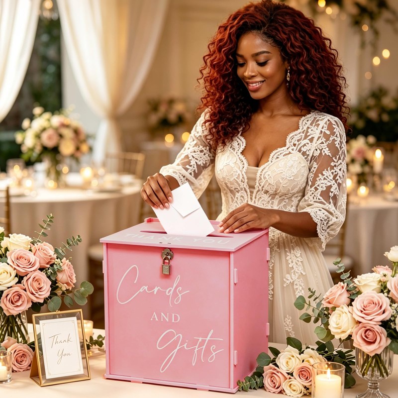 Pink Large Card Box with Lock, Wedding Card Boxes for