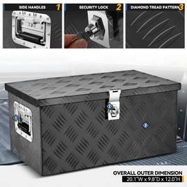 Auto Dynasty Aluminum Tool Boxes Truck Bed Organizer with Fixed Side Handles, Keys with Lock, Powdercoated Black Aluminum & Steel