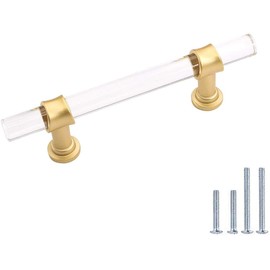 Peaha 10 Pack 3-1/2 Inch Acrylic Cabinet Pulls Gold Drawer Handles Brushed Brass Hardware Zinc Alloy for Dresser Cupboard Kitchen