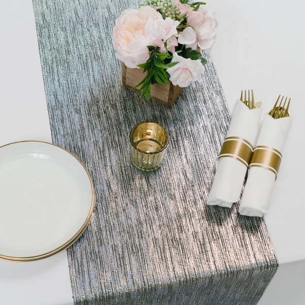 PapaKit Premium Sparkle Metallic Iridescent Silver Faux Suede Table Runner