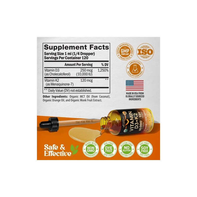 NutraHarmony Suplemento Líquido Vitamina D3 K2 Orgánico 120ml Sabor Naranja