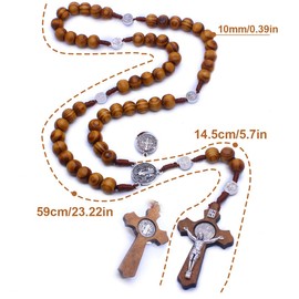 EIROVYA Catholic Cross Rosary Necklace, Natural Wood Prayer Beads with Medal Cross Jesus Christ Saint Benedict for Catholic Christians Religious Communion, Baptism, Mass Bible, 1 Piece, bronze