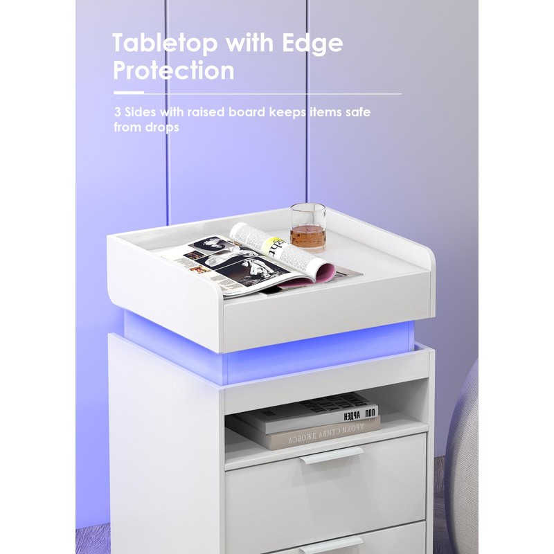 Turosur LED Night Stand with Gun Drawer, Smart Nightstand with