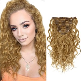 Lacer 18Inch Blonde Human Hair Extensions Curly Clip in Natural Wave Hair Extensions for Women Honey Blonde Hair Extension Double Weft 120G Remy Thick Clip ins Hair #27 7Pcs