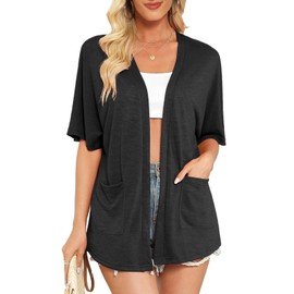 Veryoung Womens Black Short Sleeve Kimono Cardigans 2025 Lightweight Summer Cardigan Casual Loose Fit Beach Cover Up Curved Hem with Pockets,Black,M