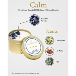 Aluminate Life Luxury Candle Tin, 4 OZ, Calm - Sodalite Crystal Infused - Scents of Chamomile, Howood, & Sage - Destress, Insight, Serenity, & Peace - Coconut Wax Blend, Essential Oils, Dr. Developed