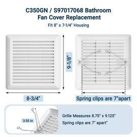 White Plastic Bathroom Vent Fan Cover (C350GN) with Springs, Compatible with Broan-NuTone 695 & 696N, Wall-Mount Exhaust Fan Grille, 8.75" x 9.125" (1 pack)