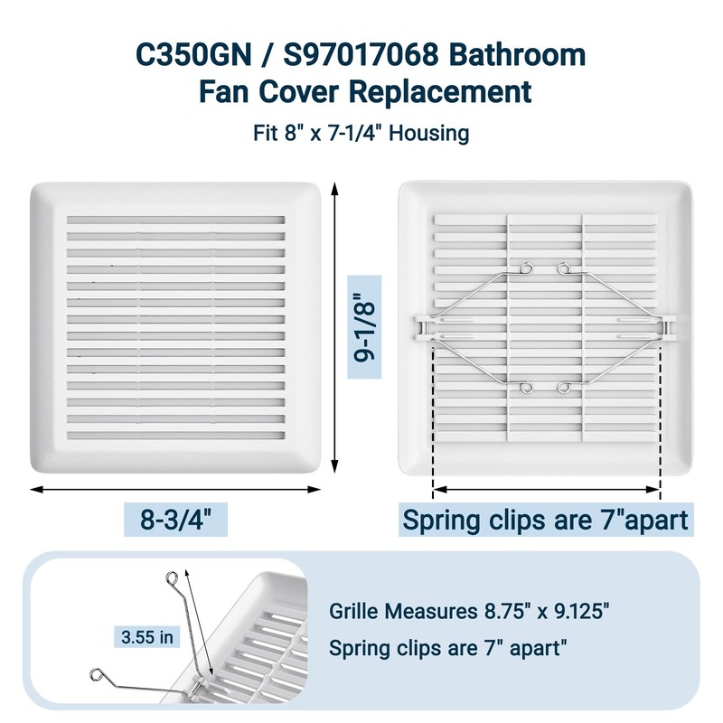 White Plastic Bathroom Vent Fan Cover (C350GN) with Springs, Compatible