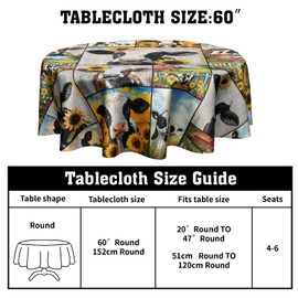 Granbey Farmhouse Cow Print Tablecloth Round - Farm Sunflower Floral Animal Table Cloth Cover 60 Inch for Party Picnic Dinner Decor