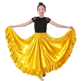 Girls Satin Full Circle Dance Skirt Ruffle Style Flowy Ankle Length Swing Skirt Belly Dance Performance for 8-12 Years (US, Age, 8 Years, 12 Years, One Size, Golden)
