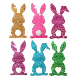 6 Pack Easter Iron on Patches, Sparkle Bunny Sequin Patches for Clothes,Cute Rabbit Embroidered Patches for Hat Jean Backpack Jacket Fabric Repair Decorative Applique (Multi)