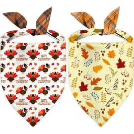 Thanksgiving Dog Bandana 2 Pack, All 4 Patterns Pumpkin Turkey Dog Scarf, Fall Autumn Leaves Pet Thanksgiving Bandanas for Medium Large Dogs, Triangle Reversible Fall Pet Scarf