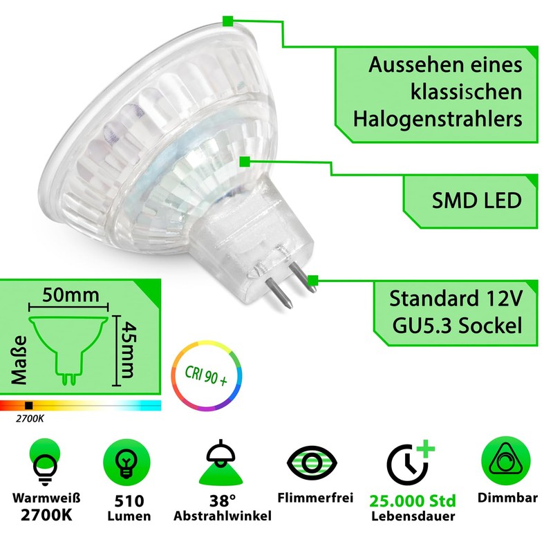 greenandco 5x CRI 90+ MR16 GU5.3 Dimmable LED Spotlight, 6.5