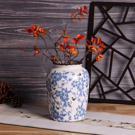 oliruim 7.9" H Blue and White Vase, Vintage Blue and White Ceramic Chinoiserie Vases, Unique Rustic Oval Blue Flower Vase for Bookshelf, Fireplace, Living Room, Home Dining Table Centerpiece