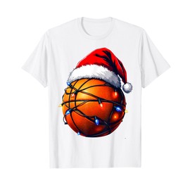 Funny Christmas Basketball Design with Fairy Lights T-Shirt, White