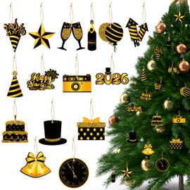 Haooryx 2026 New Year Ornaments - 46PCS 2026 Happy New Year Christmas Winter Ornament Decorations Black Gold Wooden Hanging Slices Pendants Ropes Countdown Carnival Party Xmas Tree Home Decor Supplie