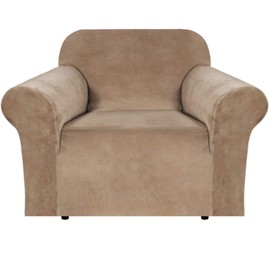 H.VERSAILTEX Stretch Velvet Armchair Cover Couch Covers 1 Cushion Chair Slipcover for Living Room Furniture Cover Crafted from Thick Comfy Rich Velour (Chair 31"-49", Camel)