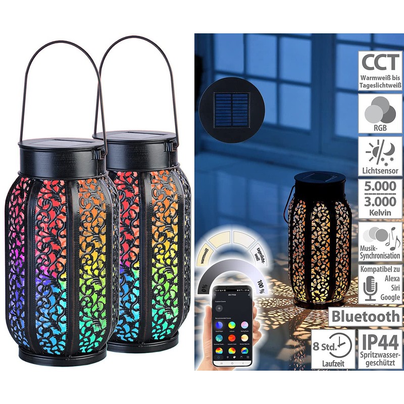 Lunartec Bluetooth Lantern: Smart Solar Lantern Metal RGB CCT LEDs