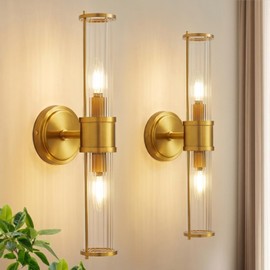 Linour Brushed Gold Wall Sconces Set of 2, Modern Bathroom Vanity Light Fixture with Clear Glass Shades, Hardwired Brass Wall Mounted Lamp for Over Mirror, Hallway, Bedroom (E12 Bulbs Not Included)