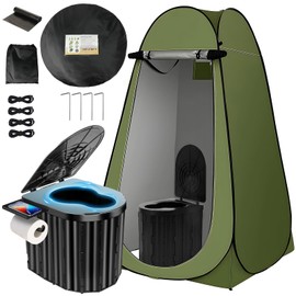 Clirass Camping Toilet with Pop Up Privacy Tent,Portable Outdoor Folding Potty,Shower Tent Dressing Room with Carry Bag for RV Travel,Truck,Beach,Fishing (Black Toilet and Green Tent)