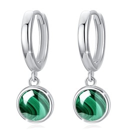 Cuoka Malachite Earrings 925 Sterling Silver Round Malachite Bead Drop Earrings Malachite Small Hoop Dangle Earrings Jewelry for Women