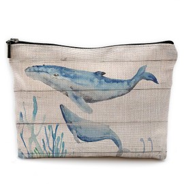 NEGIGA Watercolor Beach Ocean Whale Makeup Bag Travel Cosmetic Bags,Rustic Marine Life Sea Animal Cosmetic Bags with Zipper Pouch Travel Toiletry Case,Gifts for Whale Lovers