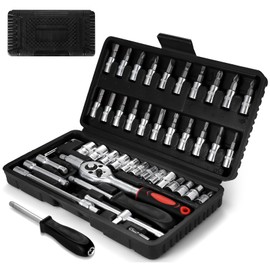 46 Pcs 1/4 inch Socket Wrench Set, Small 1/4" Socket Set, Deep Sockets Tools Set Car Tools Mechanic Tool Sets, Screwdriver Ratchet Set Extension Bars for Bike Motorbike Motorcycle Repair Tool Kit