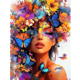 KEYIFA 5D Diamond Art Lady, DIY Diamond Painting Kits for Adults, Round Full Drill, Colorful Flowers Diamonds Dots Mosaic Painting, Crystal Gem Arts Craft for Home Wall Decor 30x40 cm